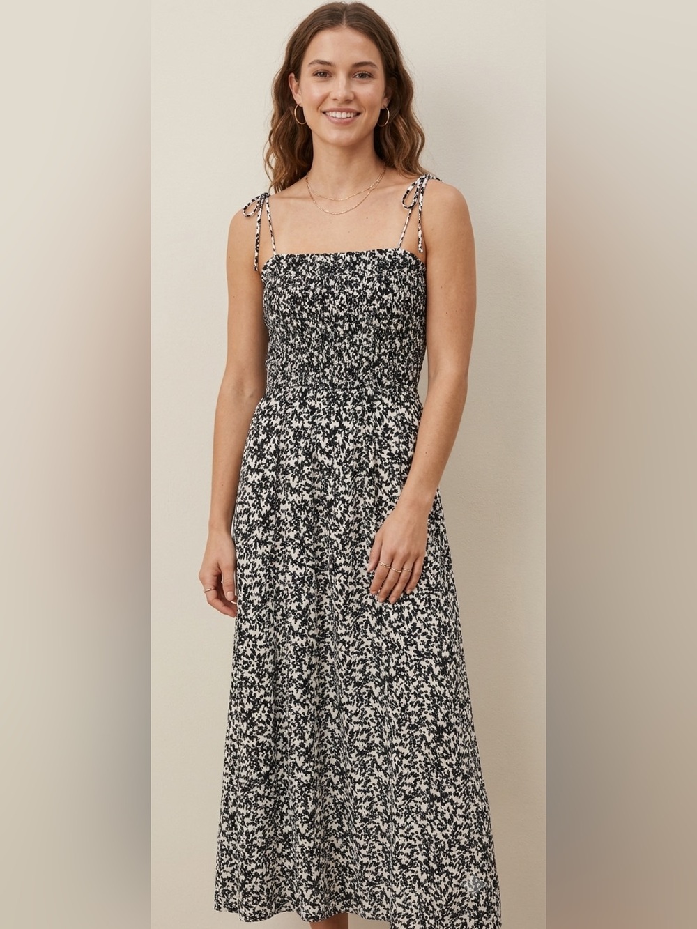 NWT Madewell Smocked Maxi Dress Black White Floral Size 8